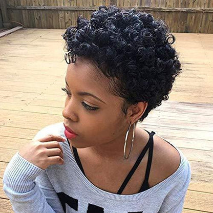 Fashion Trend Short Curly Hair African Small Curly Ladies Wig Headgear Natural Color Real Hair Headgear Angelassensation