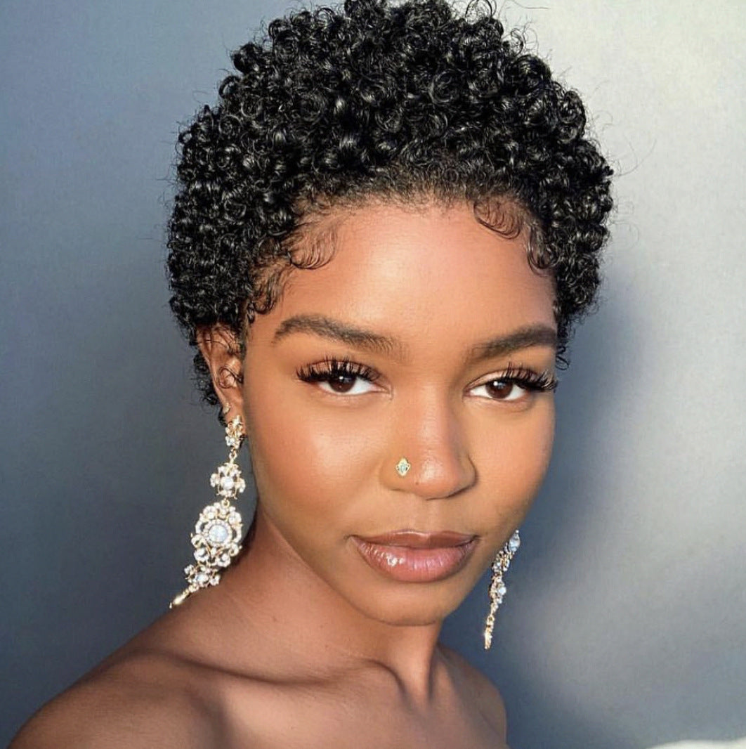 Fashion Trend Short Curly Hair African Small Curly Ladies Wig Headgear Natural Color Real Hair Headgear Angelassensation