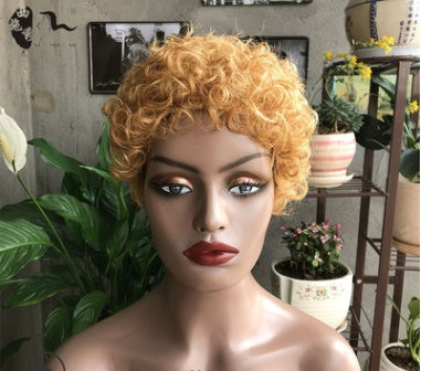 Fashion Trend Short Curly Hair African Small Curly Ladies Wig Headgear Natural Color Real Hair Headgear Angelassensation