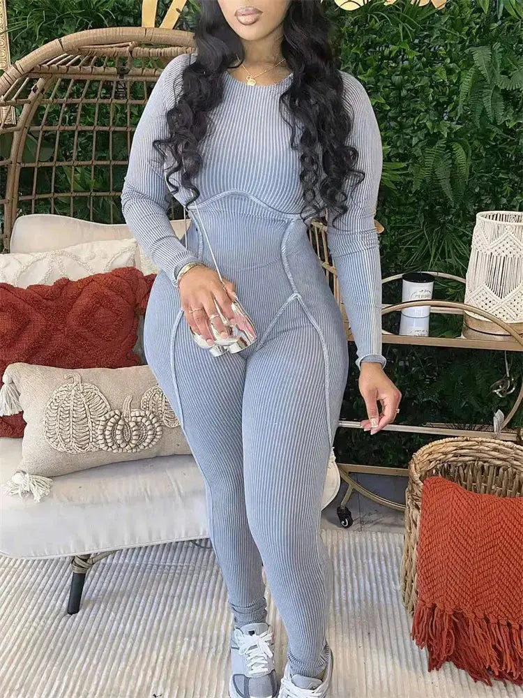 Womens Long Sleeve Gray Soild elastic One-piece Jumpsuit eprolo