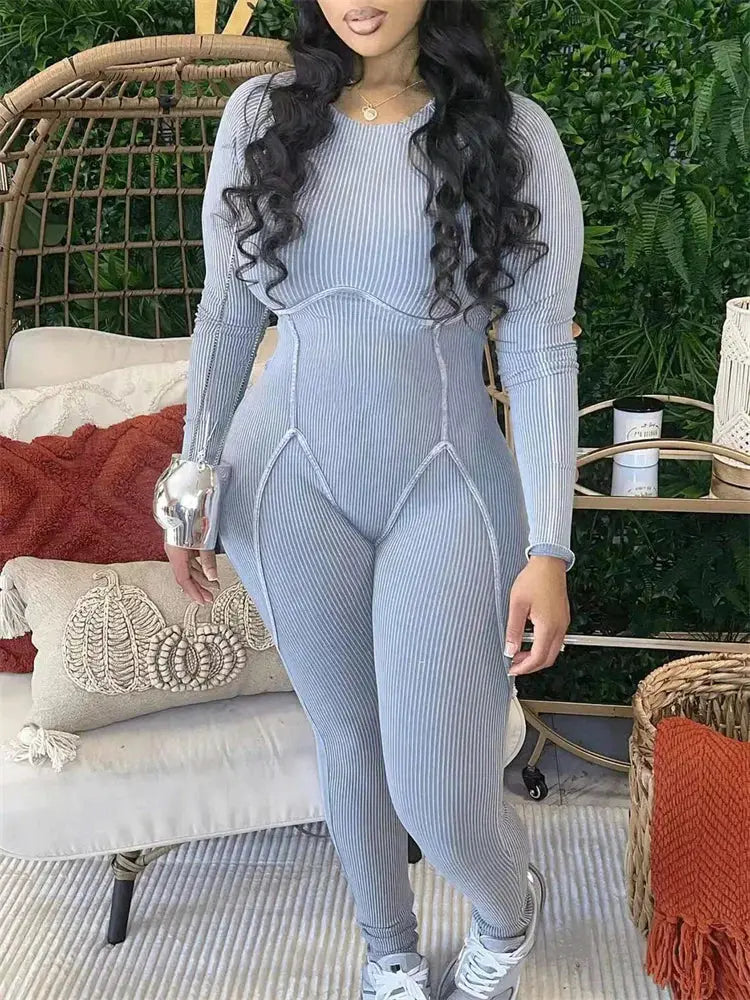 Womens Long Sleeve Gray Soild elastic One-piece Jumpsuit eprolo