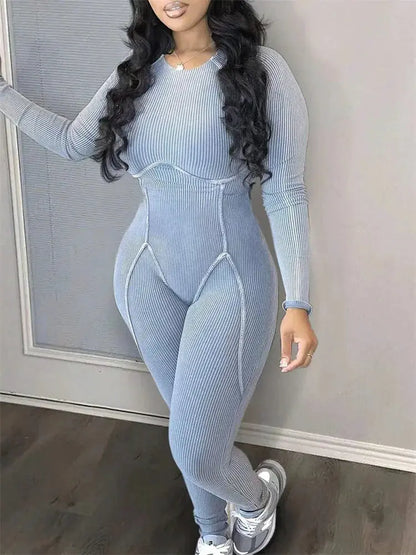 Womens Long Sleeve Gray Soild elastic One-piece Jumpsuit eprolo