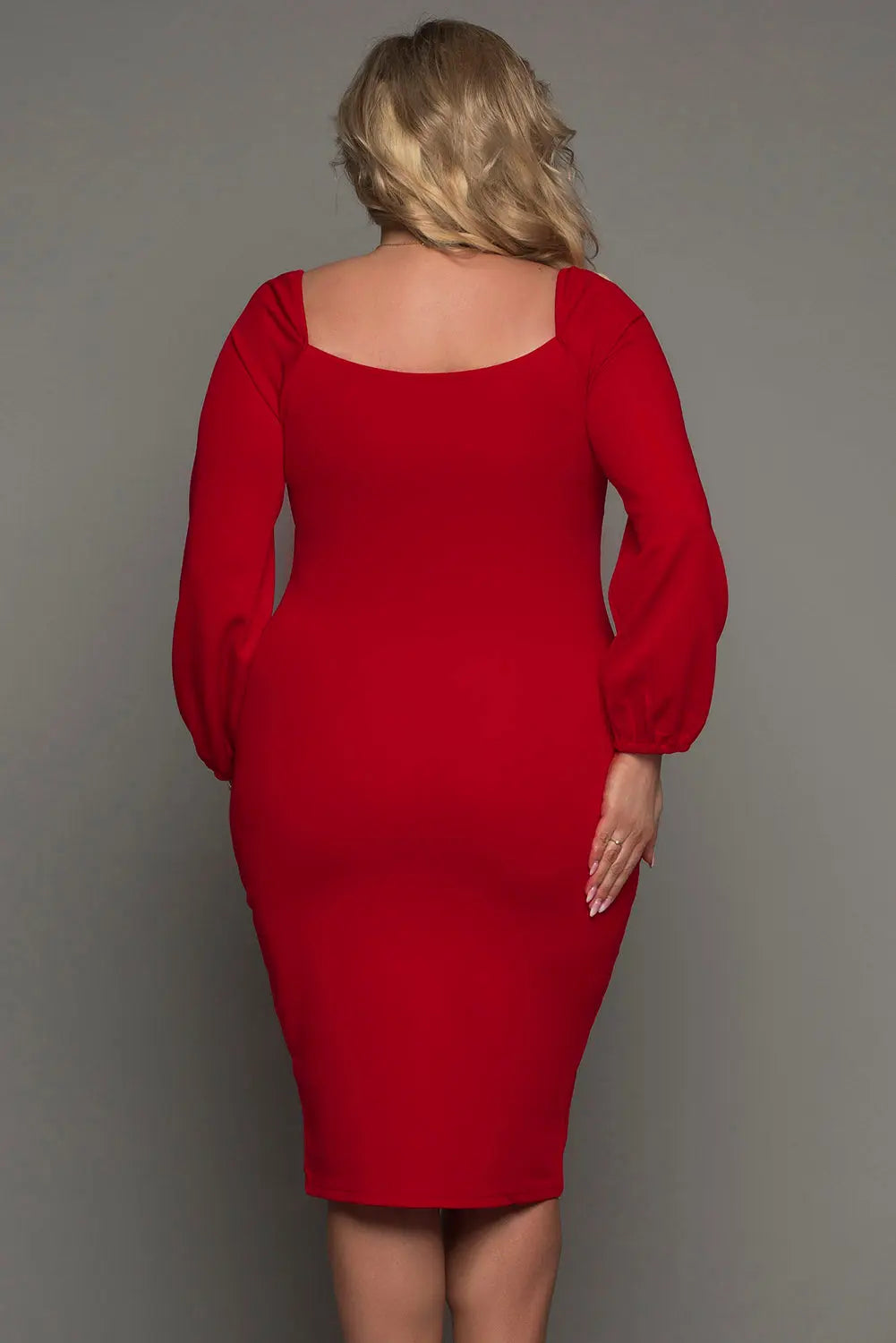 Red Long Sleeve Front Knot Plus size Midi Dress-1