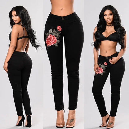 Black jeans with Rose embroidered CJ Dropshipping