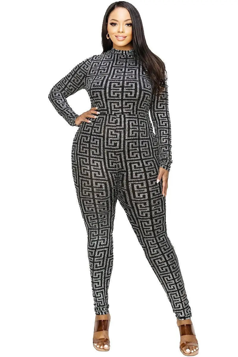 Plus Geo Pattern Glitter Printed Jumpsuit Angelassensations