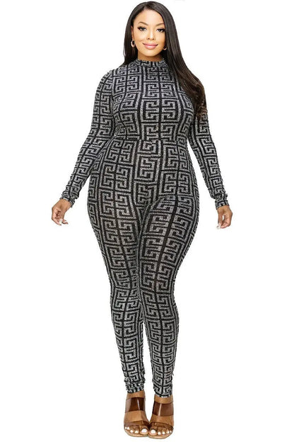 Plus Geo Pattern Glitter Printed Jumpsuit Angelassensations