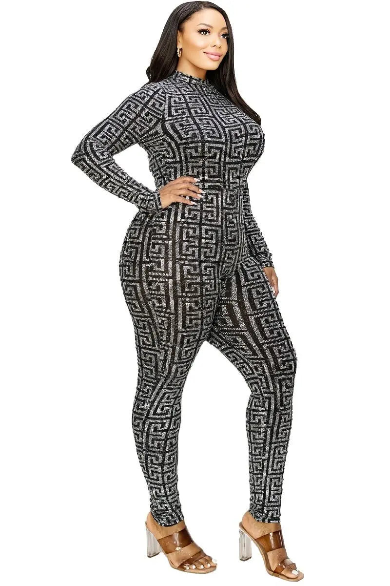 Plus Geo Pattern Glitter Printed Jumpsuit Angelassensations