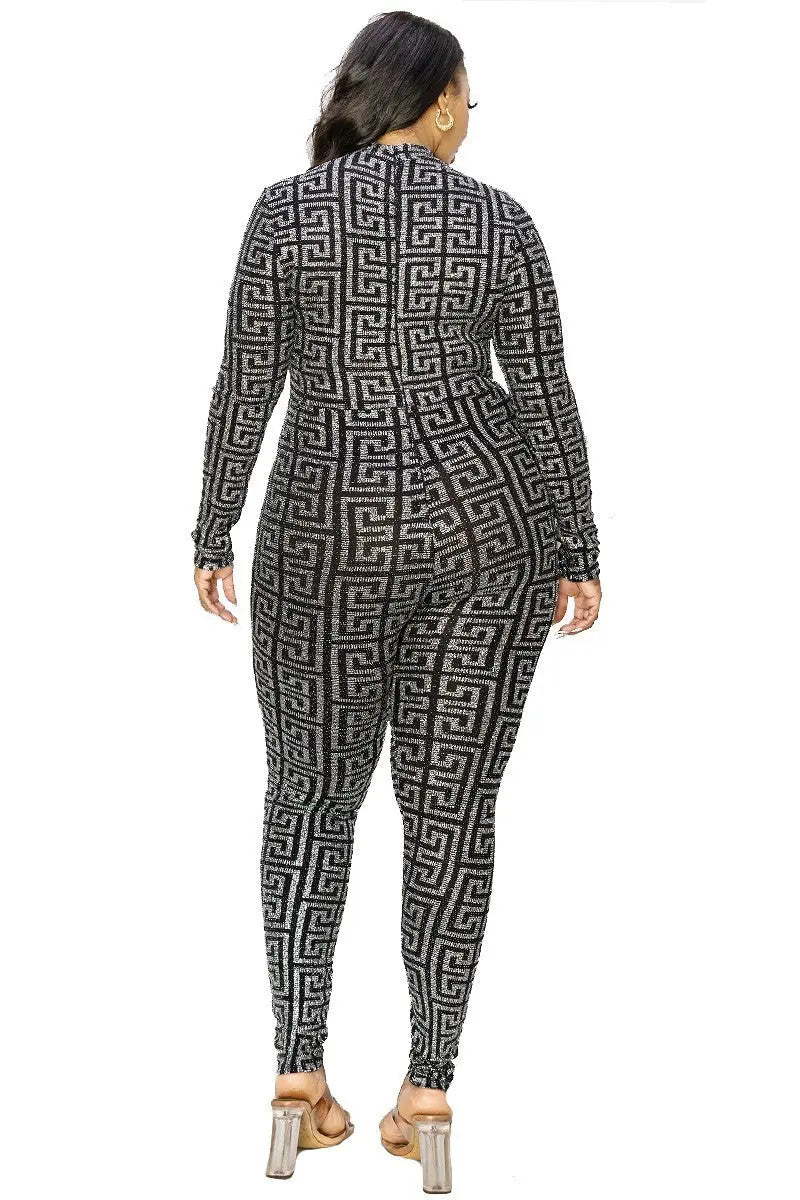 Plus Geo Pattern Glitter Printed Jumpsuit Angelassensations