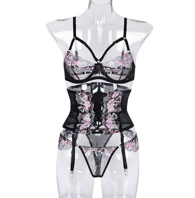 Three Piece Lingerie Embroidery Girdle eprolo