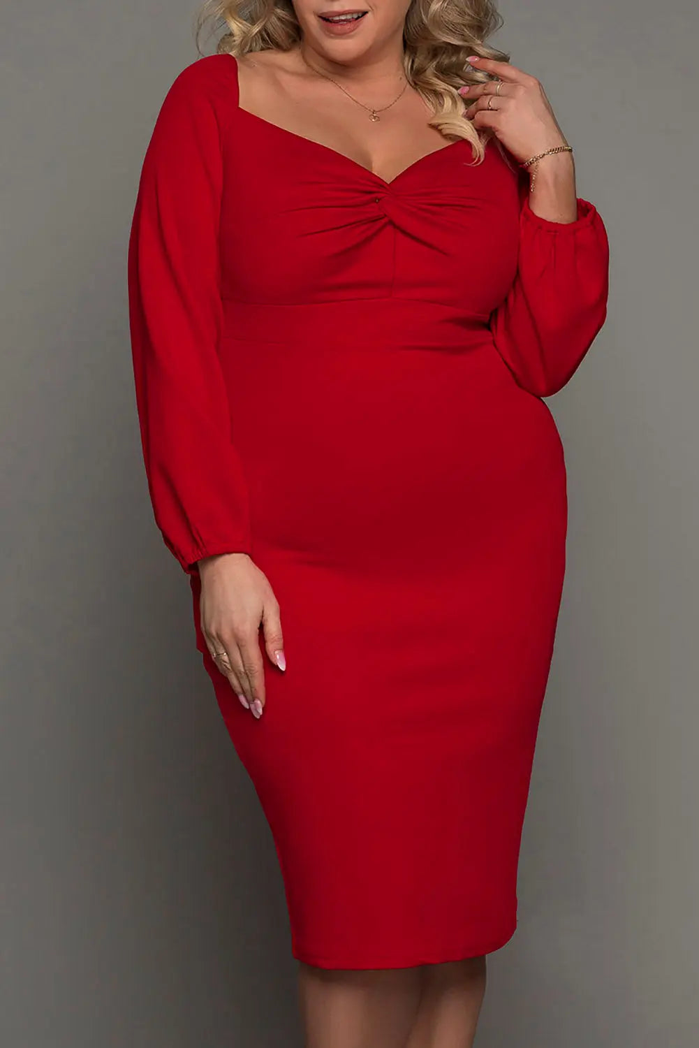 Red Long Sleeve Front Knot Plus size Midi Dress-0